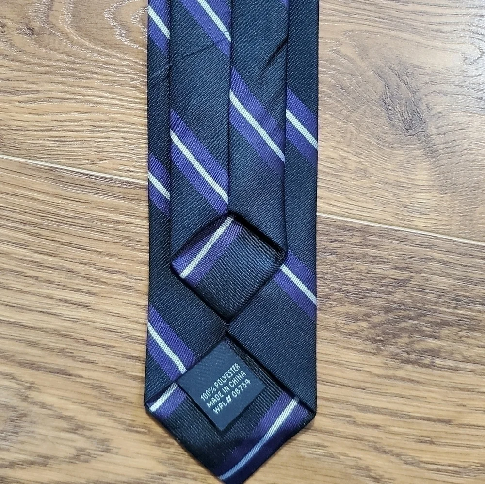 CLIP On Striped Necktie Tie Black Purple Silver Striped Young Boys